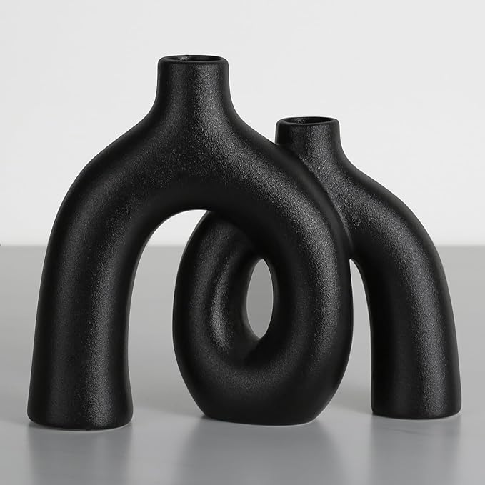 CEMABT Modern Nordic Boho Vase Set - Elegant Black Matte Ceramic Home Decor for Living Room, Bookshelf, Mantel, Entryway Table & Console Décor | Shelf Decorations Gift