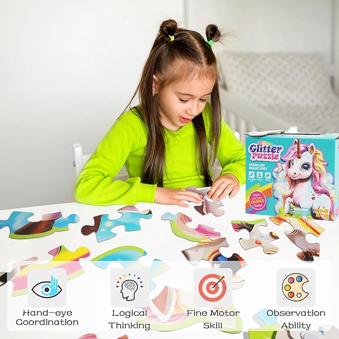 Glittering Unicorn Puzzle, Large Floor Unicorn Jigsaw Puzzles for Kids with Puzzle Sticker Sheets, for Girls Ages 3-6