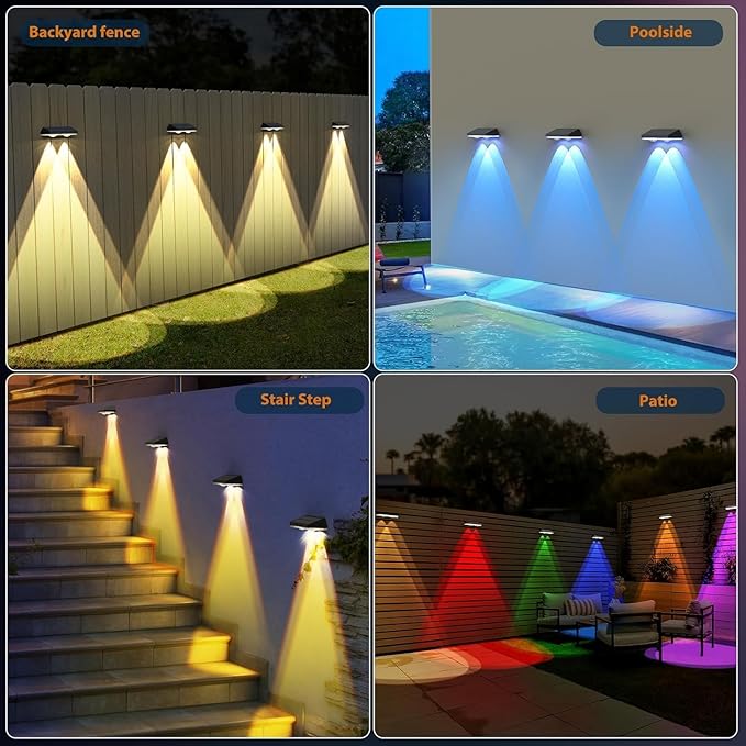 Solar Fence Lights,RGB & Warm White & 6 Colors Bright Lens LED Dusk to Dawn Deck Light Outdoor Waterproof, Solar Outdoor Lights for Backyard/Railing/Wall/Step/Patio/Pool (8Pack)