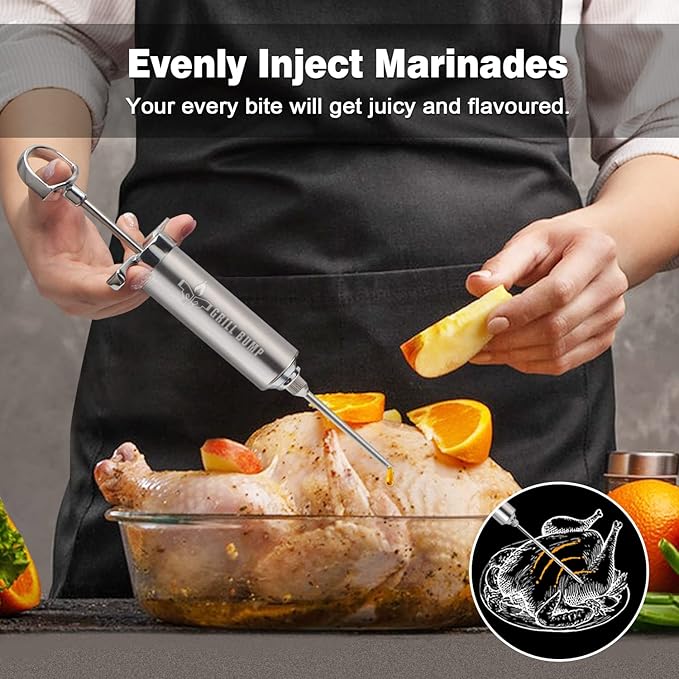 Meat Injector Syringe Kit with 3 Professional Marinade Injector Needles for BBQ Grill Smoker, Turkey and Brisket; 2-oz Large Capacity, Including Paper User Manual, Recipe E-Book (PDF)