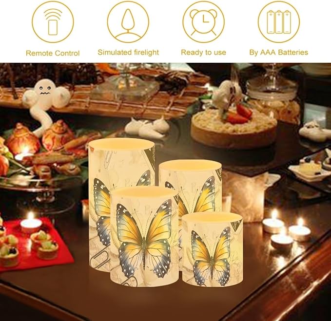 Flameless Candles Battery Powered with Multicolor Lights Timer Remote Control Everlasting Fake Candles for Party Garden Indoor Outdoor Wedding Decoration, Butterfly Yellow Retro