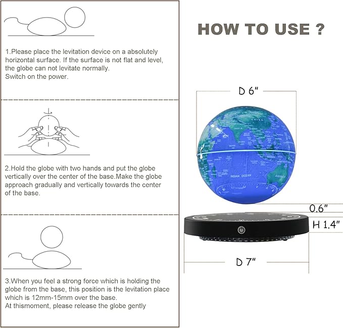 6" Magnetic Levitation Floating Globe Anti Gravity Rotating World Map with LED Light 7 Colors Display Floating Globe for Children Educational Gift Home Office Desk Decor (Blue-Clock Base)