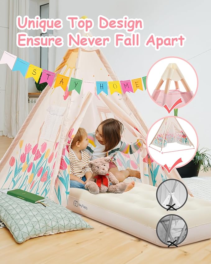 6 Pack Teepee Tent for Kids with Inflatable Airbed, Light, Toddler Tent Children Room Tents, Slumber Party Sleepover Tents, Indoor Outdoor Kids Playtent Playhouse for Girls & Boys