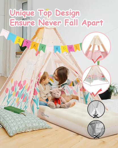 6 Pack Teepee Tent for Kids with Inflatable Airbed, Light, Toddler Tent Children Room Tents, Slumber Party Sleepover Tents, Indoor Outdoor Kids Playtent Playhouse for Girls & Boys