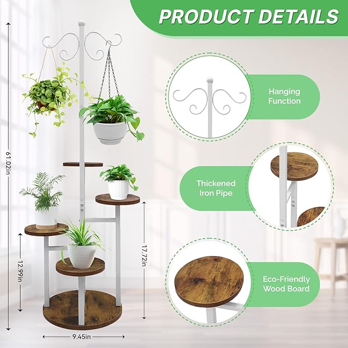 Plant Stand Indoor Outdoor, 4 Tier Hanging Plant Stands, Multiple Plant Display Rack Flower Pot Stand,61'' Tall Metal Plant Holder for Living Room Balcony Garden Patio White