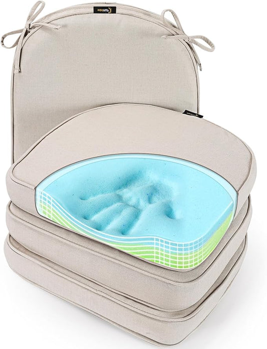 SUNROX Gel Memory Foam Chair Cushions, FadeShield Water-, Stain-Resistant Durable Reversible Seat Cushion Pads with Ties for Indoor/Outdoor Kitchen Dining Office, 17"x16", Set of 4, Cream