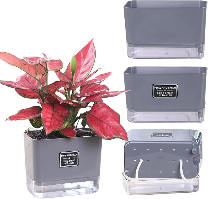 Self Watering Pots for Outdoor Plants 4 Pack, Suitable for Indoor and Outdoor Garden Plants and Flowers, Rectangle Planter Box, African Violet Pots, Modern Flower Pots, Small Plant Pots (7" Gray)