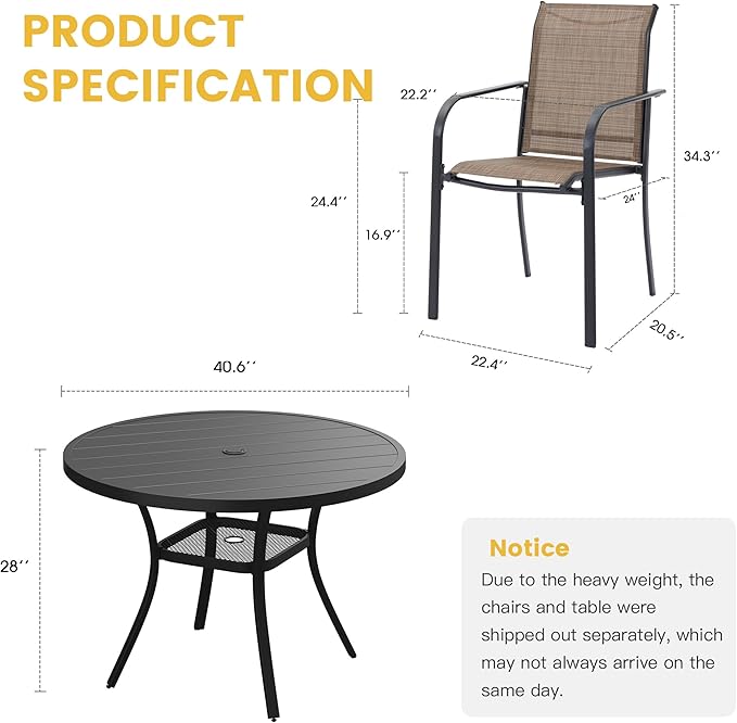 VICLLAX 5 Pieces Patio Dining Set for 4, Outdoor Furniture Set Includes 40.7" Round Patio Table and 4 Patio Stackable Chairs, Black Tabletop and Brown Fabric