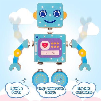 Wooden Robot Snap-Together Building Blocks, STEM Take Apart Toys Playset for Toddlers 3 4 5 6, 28 Psc Montessori Educational Fine Motor Skills Toys for Boys & Girls Birthday Gift