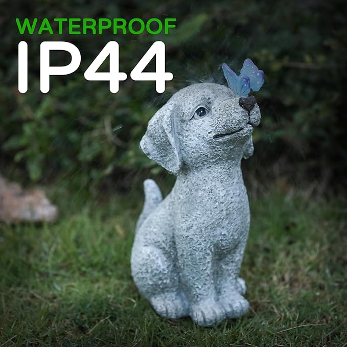 Solar Garden Outdoor Statues Dog with Butterfly Lights, Lawn Decor Puppy Figurine for Patio Balcony Yard, Yard Unique Christmas Birthdays Gift for Mom Grandma