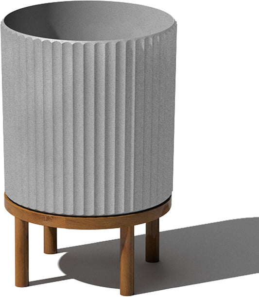 Veradek Demi Series Round Planter w/ Stand for Porch/Patio | Durable Plastic-Concrete & Wooden Stand | Modern Décor for Tall Plants, Flowers