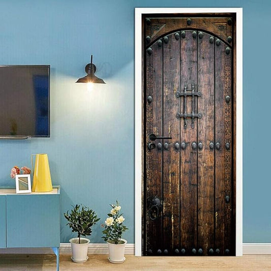PVC 3D Door Sticker Mural - Wooden Door, Waterproof, Removable, for Living Room Decoration - 31.5 x 78.7 inch