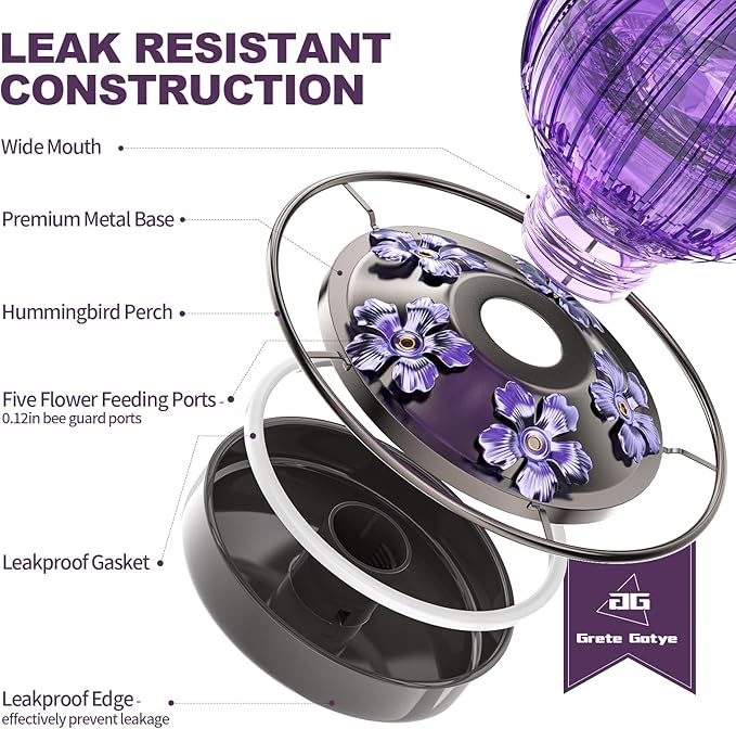 2 Pack Glass Hummingbird Feeder for Outdoors Hanging, Bird Nectar Feeder with Perch & 5 Flower Feeding Ports, 26 Oz Leak Proof for Outside Garden Decor Backyard, Gifts for Women Mom, Purple