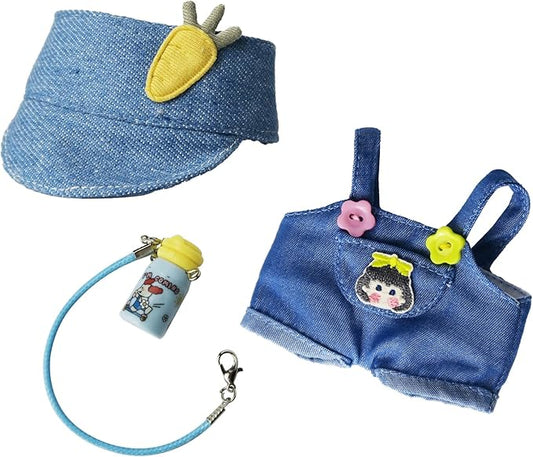 Cloth for Doll, 3-Piece Denim Overalls Set for 17cm &15cm(NO Doll) – Flower-Button Overalls + Carrot Hat + Pastel Blue Water Bottle-Handmade