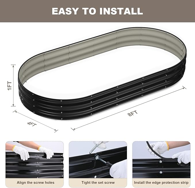 Raised Garden Bed, 8x4x1ft Galvanized Outdoor Planter Beds with Safety Edging and Gloves, Oval Metal Planter Box for Gardening Vegetables Flowers Herb