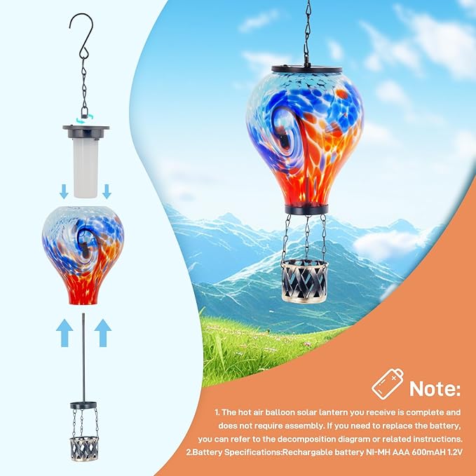 Starsoul Unique Hot Air Balloon Solar Lantern Glass Outdoor Hot Air Balloon Solar Flickering Flame Light Waterproof Hanging Solar Lantern with Big Basket for Garden Yard Patio Decor