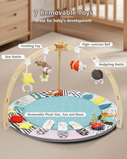 Baby Play Gym,6 Developmental Zones Tummy Time Mat, Wooden Baby Play Gym Mat with 7 Detachable Sensory Toys for Newborn Brain Development, Essential Baby Shower Set, Green