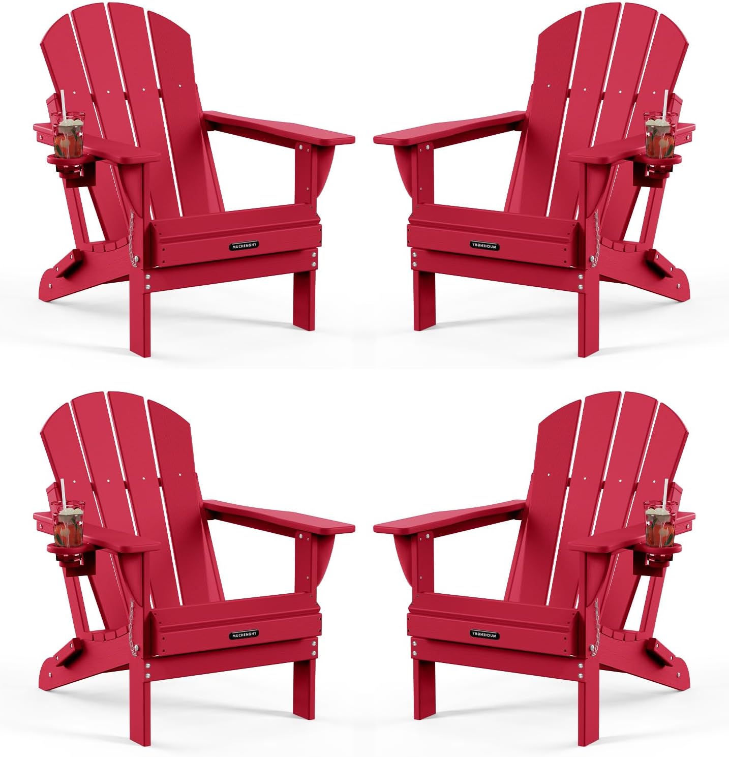 MUCHENGHY Folding Adirondack Chairs Set of 4, Patio Chairs, Lawn Chairs, Outdoor Chairs, Adirondack Chair Plastic, Fire Pit Chairs, Weather Resistant with Cup Holder for Deck, Backyard, Garden(Red)