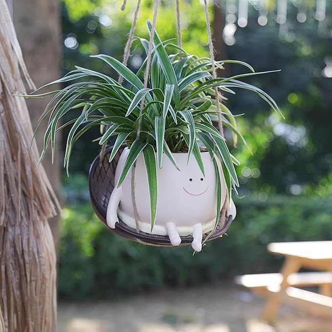 Hanging Swing Chair Planter Pot Smiley Face Planter for Indoor Outdoor Plant Cute Head Resin Flower Pots for String of Pearls Plant Live Unique Gift IdeaI for Mother Day, Christmas (Large)