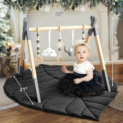 Wooden Baby Play Gym with Mat, Foldable Baby Play Gym Frame Activity Gym Hanging Bar with 5 Gym Baby Toys Playmats for Newborn Baby (Foldable Baby Play Gym with Mat)