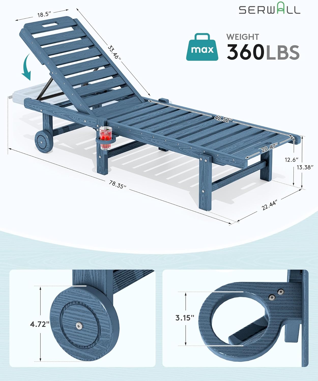 SERWALL Patio Chaise Lounge Set of 2, Outdoor Lounger with Cup Holder and Rolling Wheels, HDPE Pool Chaise for Poolside, Deck, Sunbathing, Blue