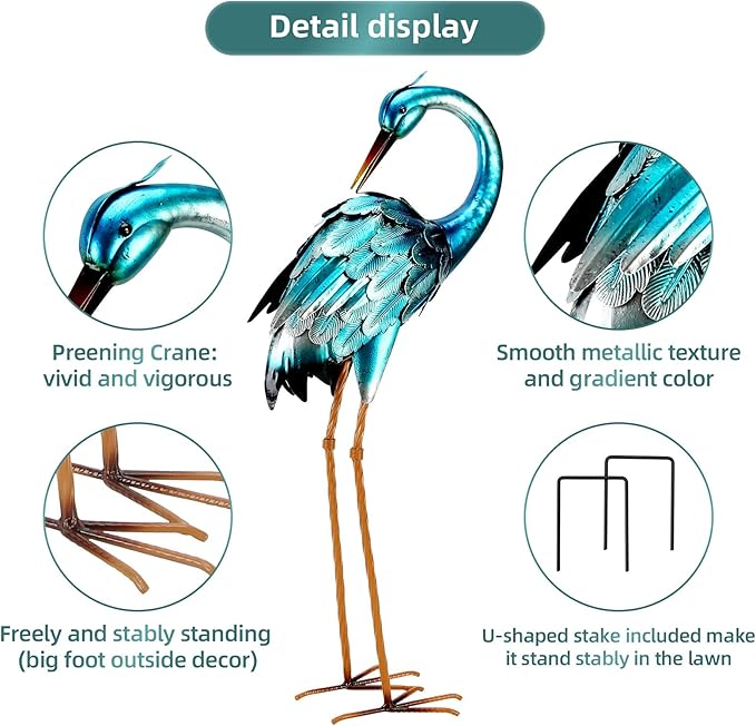Chisheen Crane Metal Outdoor Blue Heron Sculpture Large Garden Heron Decoy Bird Statue Lawn Ornament for Backyard Pond Patio Porch Outside Decoration