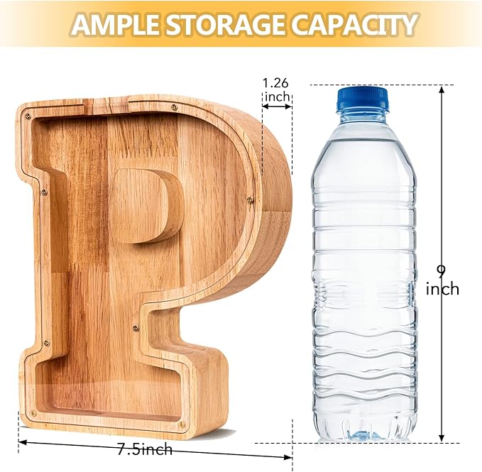 KMC Wooden Letter Piggy Bank, Personalized Initial Piggy Bank for Kids Boys, Clear Alphabet P Wood Money Box, Unbreakable Coin Saving Jar, Birthday, for Children