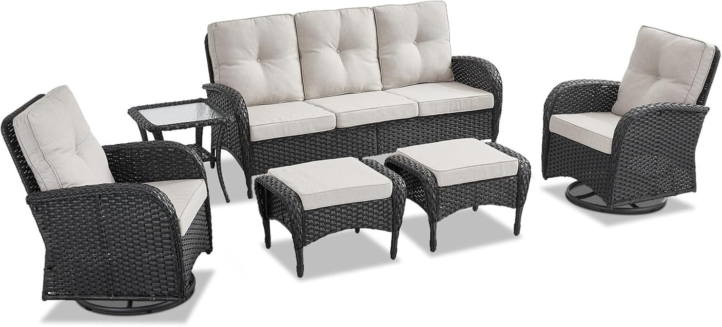 6 Pieces Wicker Patio Furniture Set - Swivel Rocker Outdoor Chairs with Outdoor Couch and Side Table, All-Weather Patio Conversation Set for Sunroom Deck Backyard Black