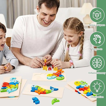 6 Pack Wooden Animal Toddler Puzzles for Kids Ages 3-5, Baby Montessori Toys for Kids Age 3 4 5 6 Years, 6 Animal Patterns Learning Jigsaw Toys for 3 Year Olds for Girl Boy Ideal Gift