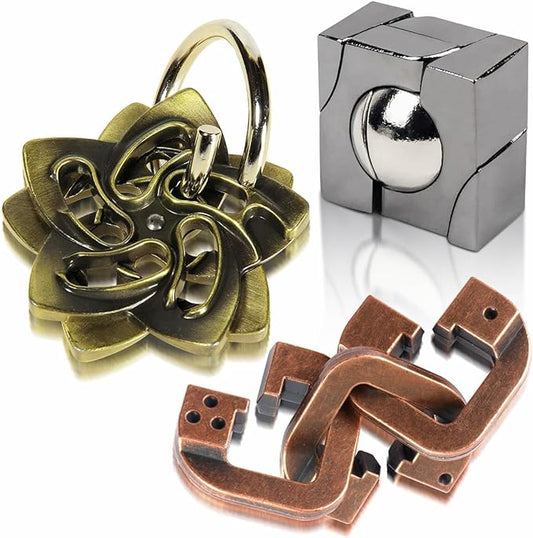 Fun Metal Brain Teaser Puzzle Games - 3PCS Adults Mind 3D Toys -Teens IQ Insight Challenge - Educational Gift for Ages 12+