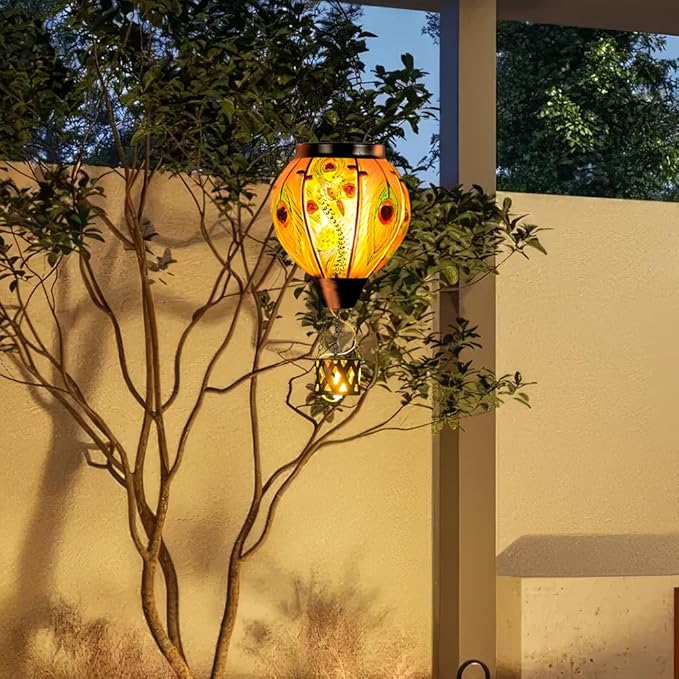 Peacock Hot Air Balloon Solar Lantern with Flickering Flame,Glass Hanging Solar Lanterns Outdoor Waterproof,Hot Air Balloon Decorative Lights for Patio Porch Yard Decor,Peacock Gifts for Women