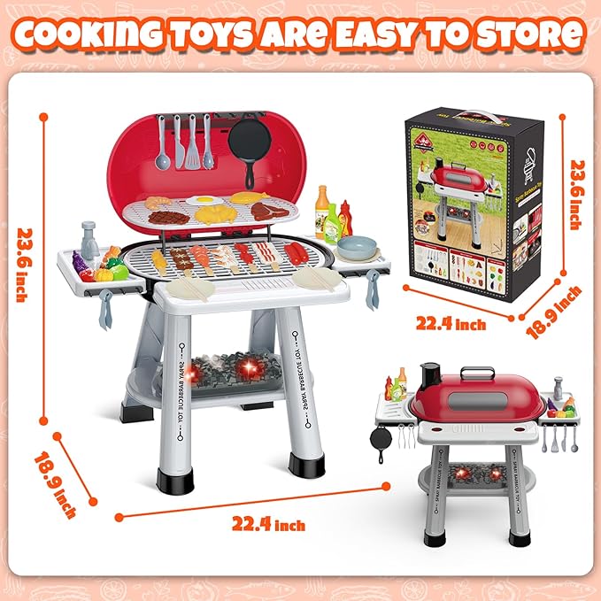 68 Pcs BBQ Grill Playset - with Smoke, Light, Sound & Play Food, Kids Toys Kitchen Play Set, Outdoor Play Grill Toy for Toddlers 3 4 5 6 7 8, Birthday Gifts for 3-8 Years Old Boy Girls