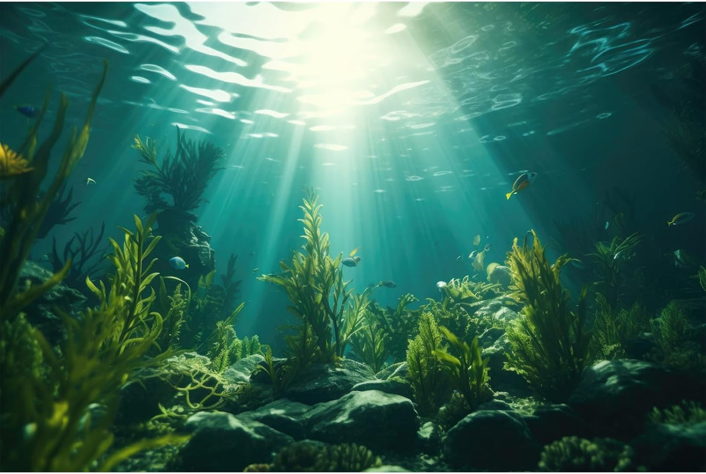 Ocean Aquarium Background Aquatic Plants with Rocks Terrarium Backdrop Sunlight Rays Deep Sea Fish Tank Background Aquarium Wallpaper Poster Decor Vinyl 24x16in