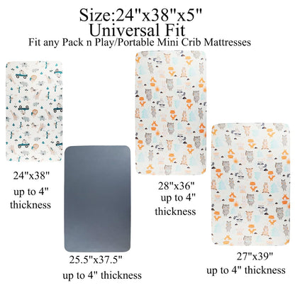 Pack n Play Sheet Stretchy Fitted Portable Mini Crib Sheets Set 3 Pack,Playard Sheets Convertible Playard Mattress Cover,Ultra Soft Jersey Material,Elephant Tiger,Fox & Grey