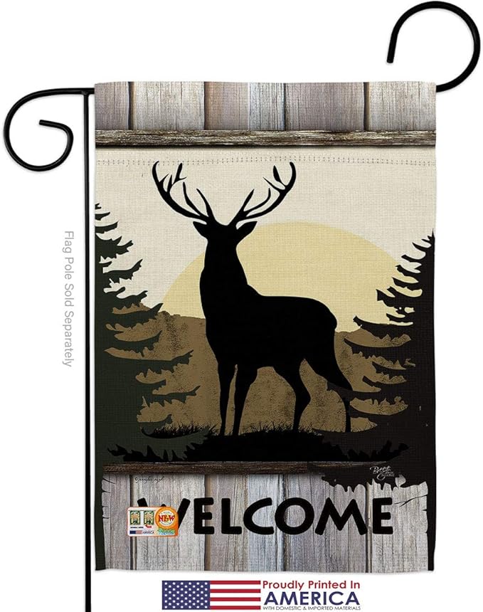 Welcome Deer Garden House Flags Set Animals Wildlife Outdoor Bear Wolf Pet Nature Farm Animal Creature Small Decorative Gift Yard Banner Made In USA 28 X 40