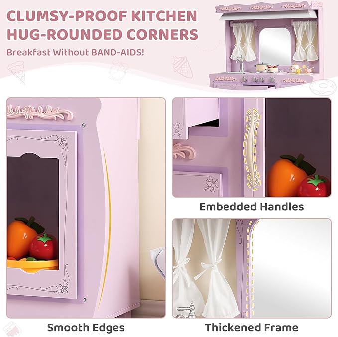 Kids Kitchen playset，Wooden Play Kitchen with Realistic Design，Kids Play Kitchen with Plenty of Play Features，Fine Gift for Ages 3+,Purple