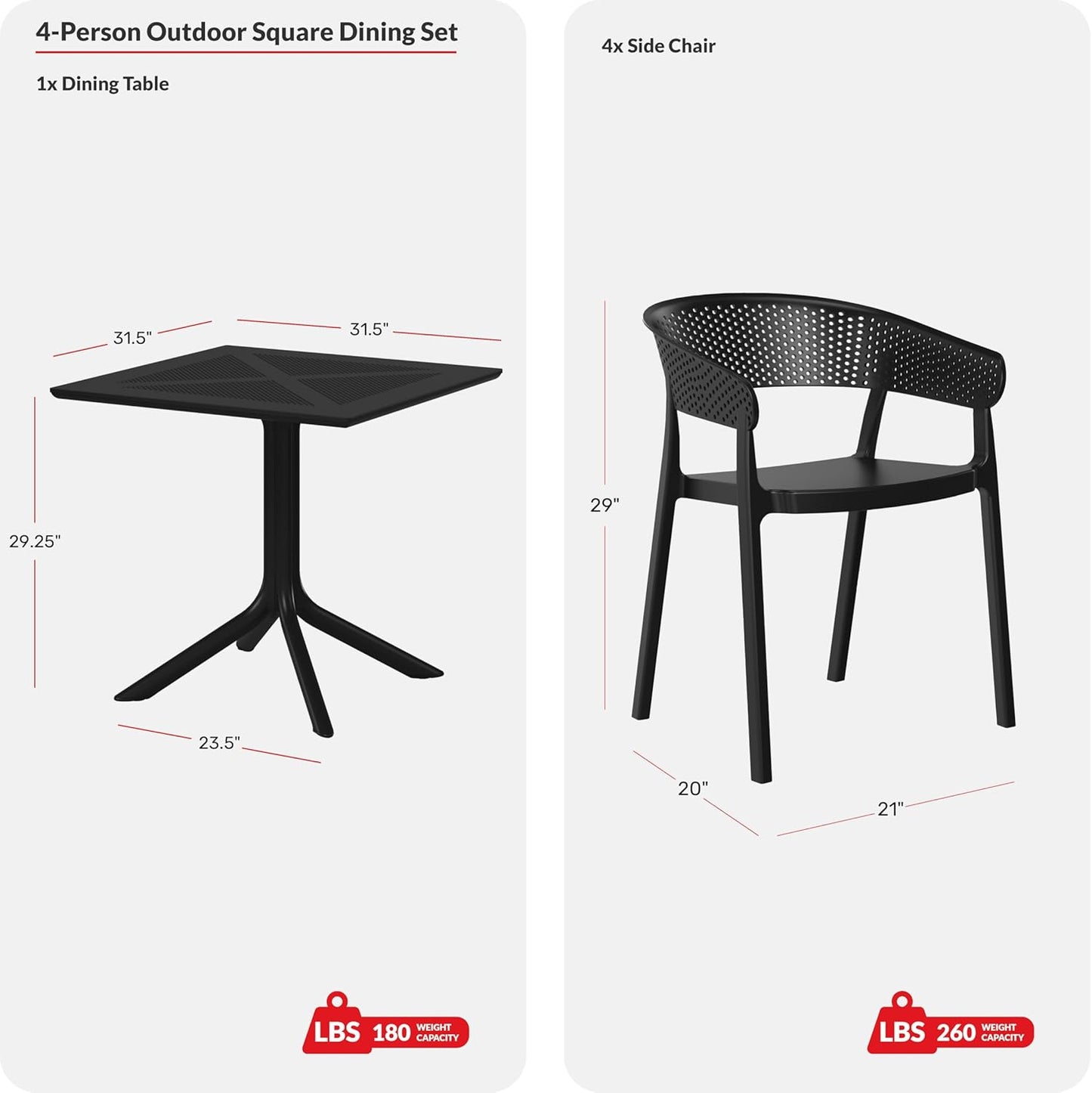 Table Chairs Set of 4, HDPE Patio Square Dining Table and Stackable Chairs, Outdoor Small Patio Furniture Set All Weather for Backyard Porch Poolside, Red