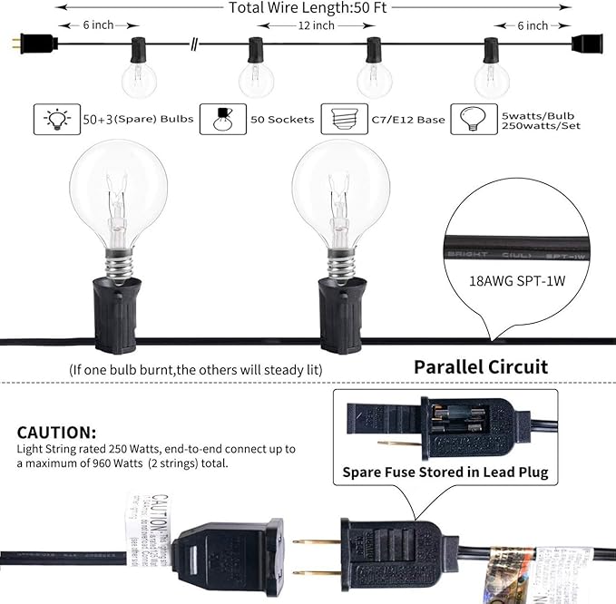 GOOTHY 50FT Outdoor Globe String Lights, G40 Patio Lights Outdoor Waterproof with 53 Clear Bulbs, Hanging Indoor Porch String Lights for Garden Bistro Party Outdoor Balcony Decorations- Black Cord