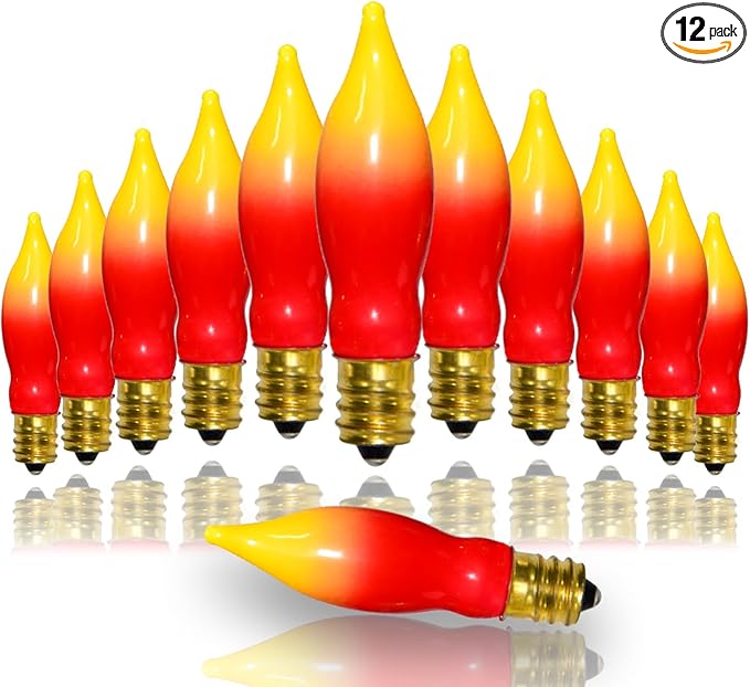 12 Pack C7 Replacement Bulbs E12 Candelabra Bulb - Red Yellow Incandescent Light Bulbs, Perfect as Halloween Christmas Light Bulbs, Candle Light Bulbs, 7 Watt, E12 Base