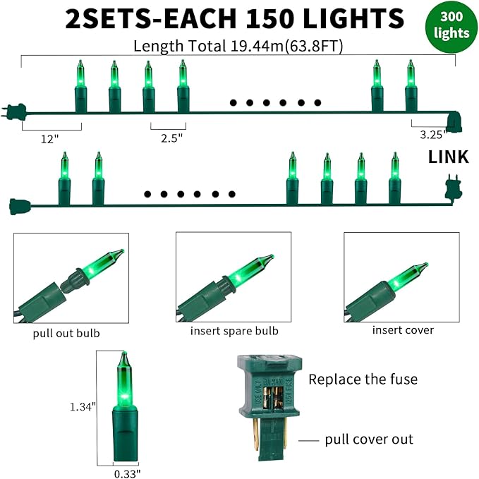 Ultra-Bright Connect End to End Green Christmas Mini Light 300L 63.8Ft(2Sets-Each 150L)UL Listed Incandescent Bulb String Light for Indoor Outdoor Holiday Garden Party Christmas Tree Decor