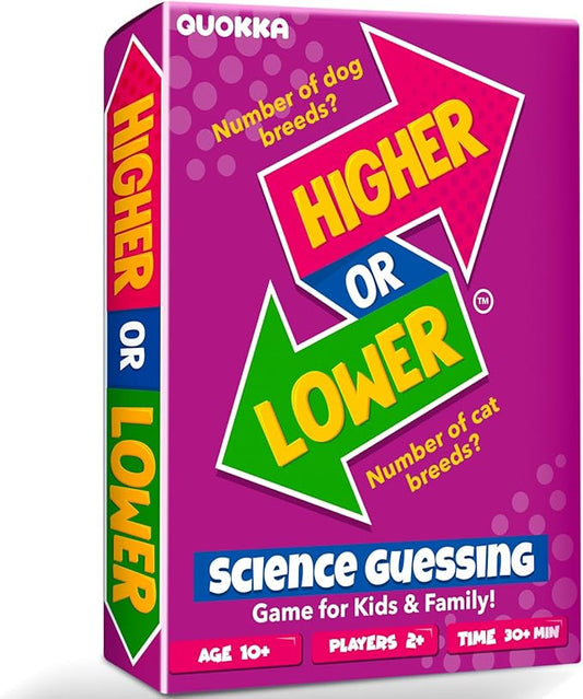 QUOKKA Trivia Board Games for Kids and Adults - Version V2.0 - Family Night Science Games 4xSet Higher or Lower Trivia Cards | Guess Fun Questions | 2 + Players - Challenge Your Science Knowledge