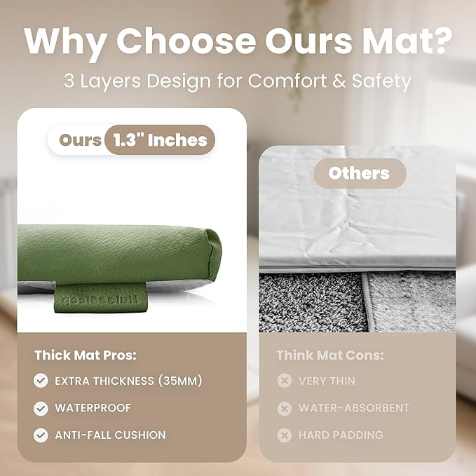 Baby Play Mat 50x50 Inches,1.3" Thick Padded Waterproof Floor Cushion & Playpen Mat with Vegan Leather,Non-Slip & Non-Toxic Nursery Rug for Infants, Toddlers & Kids(Green)