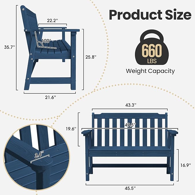 Ciokea 46" Heavy Duty Outdoor Bench, HDPE Weatherproof Garden Benches, Durable 2-Person Porch Benches with 660 Lbs, Waterproof Patio Bench for Outside Balcony Deck Backyard, Navy Blue