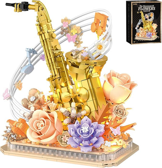 Mini Building Blocks Sets Flower Saxophone - 1000+PCS Musical Instrument Micro Building Bricks Kit Toy - Creative Ideals, Collectible Architecture Decoration, Gift for Adults(Saxophone Flower)