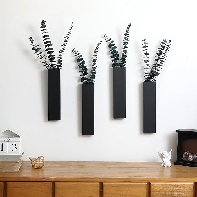 Wood Wall Planter 4 Pack Wall Decor for Artificial Flower Plants Wooden Plants Holders Wall Plant Pocket Vase Hanging for Living Room Bedroom Dining Room Bathroom Indoor Decroation (Black)