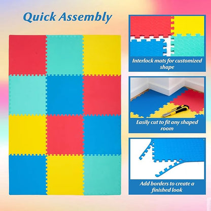 HONEY JOY Foam Floor Tiles for Kids, EVA Interlocking Baby Soft Puzzle Play Mat with Borders, Non-Slip Large Carpet Rug, for Baby Crawling Exercise & Development, Playroom, Bedroom (12 Pieces)