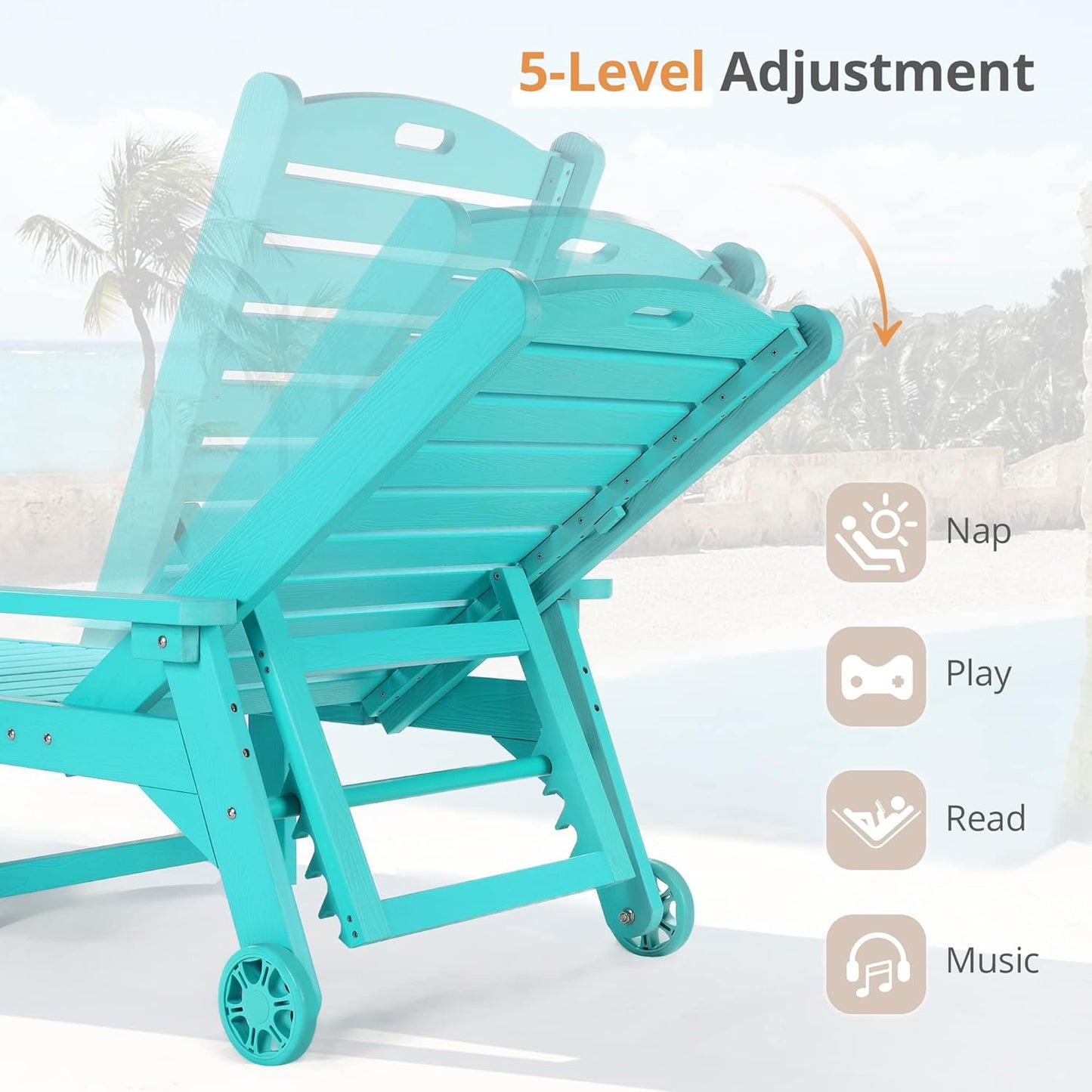 LUE BONA Chaise Lounge Chairs Set with Table, 6-Piece, 79'' Oversized HDPS Chaise Lounger, 5 Positions Adjustable Lounge Chairs, Pool Lounge Chair with Wheels for Poolside, 3 Year Warranty, Aruba Blue