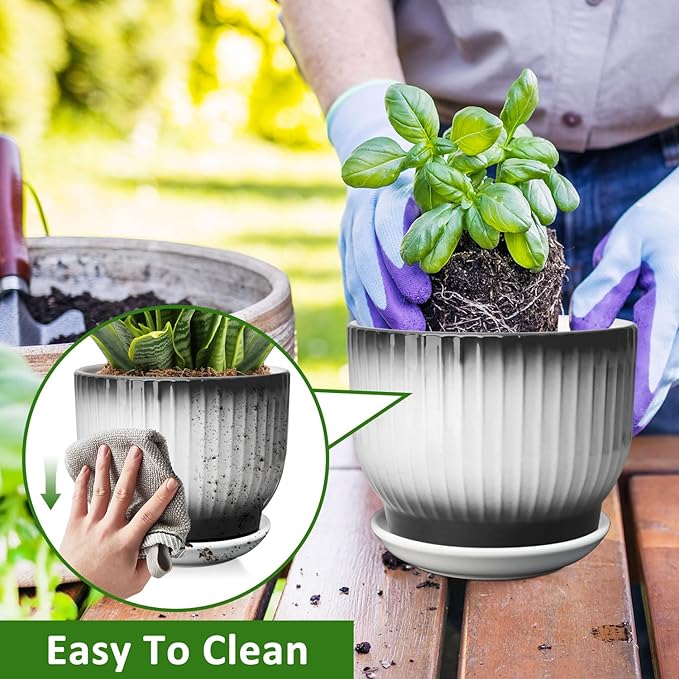 6.7 + 5.5 Inch Plant Pot, Ceramic Planter with Drainage and Saucer, Ceramic Pots for Plants, Indoor Plant pots,Ceramic Flower pots（Black + White, Plants NOT Included）