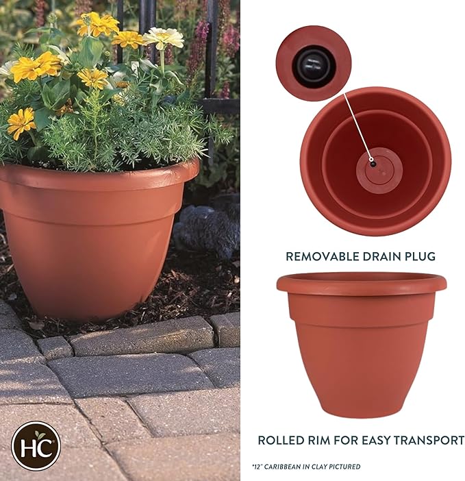 The HC Companies 16 Inch Caribbean Planter - Lightweight Indoor Outdoor Plastic Plant Pot for Herbs and Flowers, Clay