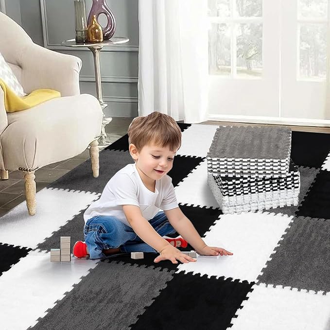 12 Pcs Plush Interlocking Carpet Tiles, Non-Toxic Foam Carpet Tiles for Toddler Baby, Machine-Washable, Anti-Slip, EVA Foam Interlocking Tiles for Floor, Nursery, Playroom, Grey White Black